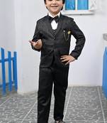 Boys full sleeves 5 piece jacquard coat suit set with bow tie - black