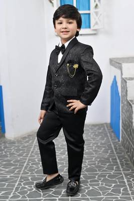 Boys full sleeves 5 piece jacquard coat suit set with bow tie - black 3