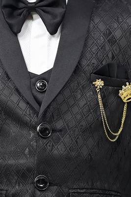 Boys full sleeves 5 piece jacquard coat suit set with bow tie - black 5