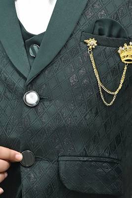 Boys full sleeves 5 piece jacquard coat suit set with bow tie - green 5