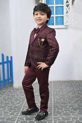 Boys full sleeves 5 piece jacquard coat suit set with bow tie - maroon 3
