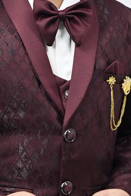 Boys full sleeves 5 piece jacquard coat suit set with bow tie - maroon 5