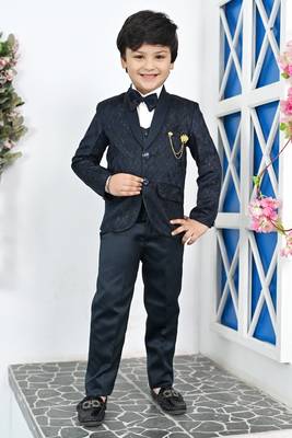Boys full sleeves 5 piece jacquard coat suit set with bow tie - navy blue 1