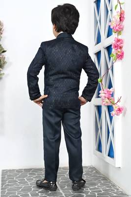 Boys full sleeves 5 piece jacquard coat suit set with bow tie - navy blue 2