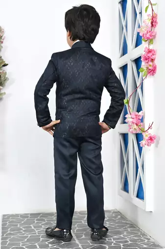 Boys full sleeves 5 piece jacquard coat suit set with bow tie - navy blue