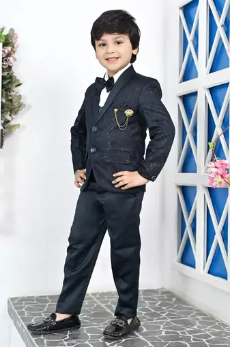 Boys full sleeves 5 piece jacquard coat suit set with bow tie - navy blue