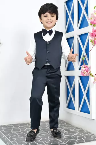 Boys full sleeves 5 piece jacquard coat suit set with bow tie - navy blue
