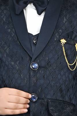 Boys full sleeves 5 piece jacquard coat suit set with bow tie - navy blue 5