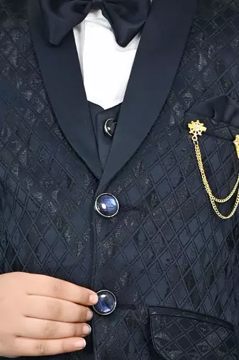 Boys full sleeves 5 piece jacquard coat suit set with bow tie - navy blue