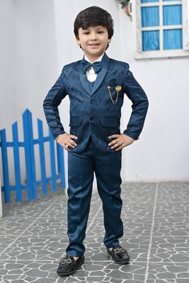 Boys full sleeves 5 piece jacquard coat suit set with bow tie - royal blue 2