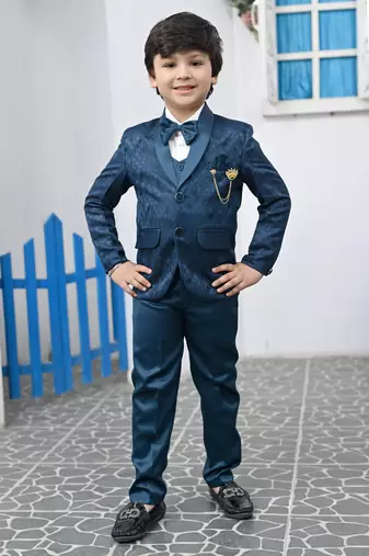 Boys full sleeves 5 piece jacquard coat suit set with bow tie - royal blue