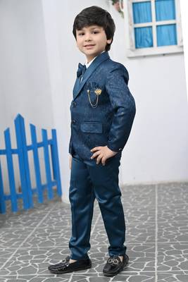 Boys full sleeves 5 piece jacquard coat suit set with bow tie - royal blue 1