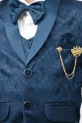 Boys full sleeves 5 piece jacquard coat suit set with bow tie - royal blue 5