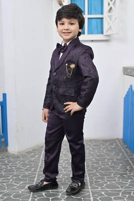Boys full sleeves 5 piece jacquard coat suit set with bow tie - wine purple 3