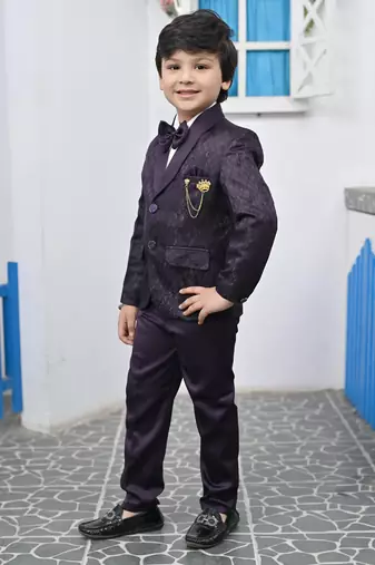 Boys full sleeves 5 piece jacquard coat suit set with bow tie - wine purple