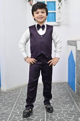 Boys full sleeves 5 piece jacquard coat suit set with bow tie - wine purple 4