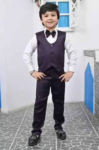 Boys full sleeves 5 piece jacquard coat suit set with bow tie - wine purple