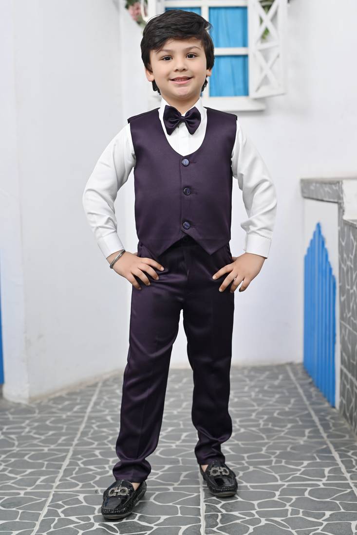 Boys full sleeves 5 piece jacquard coat suit set with bow tie - wine purple