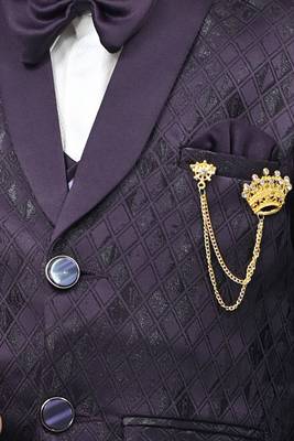 Boys full sleeves 5 piece jacquard coat suit set with bow tie - wine purple 5