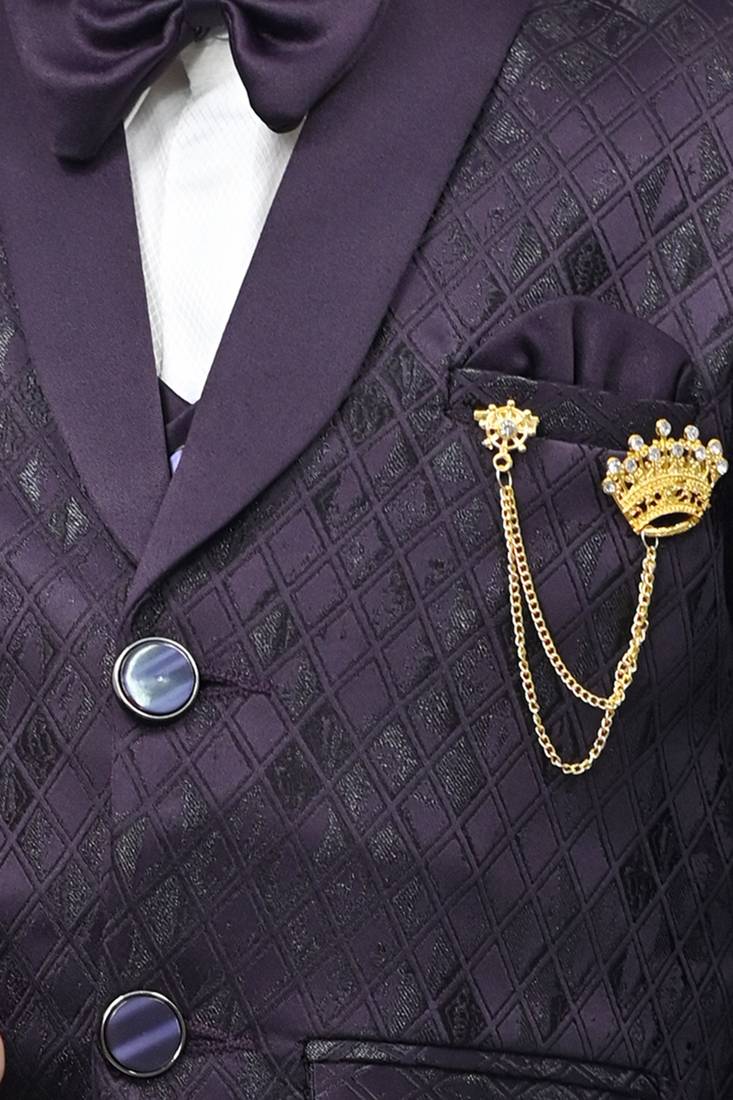 Boys full sleeves 5 piece jacquard coat suit set with bow tie - wine purple