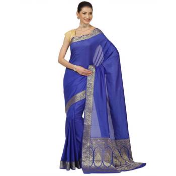 Ptiepl banarasi silk works women's blue silk blend banarasi saree with blouse piece 1