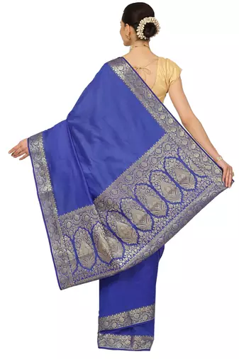 Ptiepl banarasi silk works women's blue silk blend banarasi saree with blouse piece