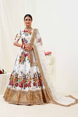 Off White Embroidered Banglori Satin Semi Stitched Circular Lehenga with Blouse. 1