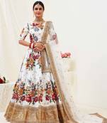 Off White Embroidered Banglori Satin Semi Stitched Circular Lehenga with Blouse.