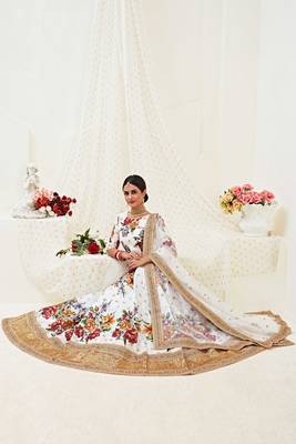 Off White Embroidered Banglori Satin Semi Stitched Circular Lehenga with Blouse. 3