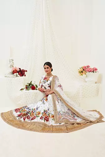 Off White Embroidered Banglori Satin Semi Stitched Circular Lehenga with Blouse.
