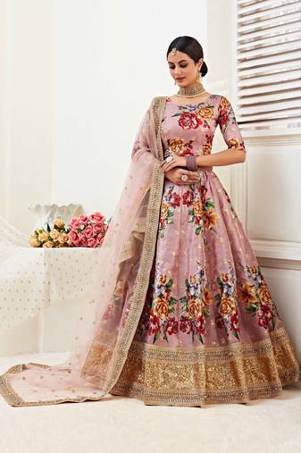 Rose Gold Embroidered Banglori Satin Semi Stitched Circular Lehenga with Blouse.