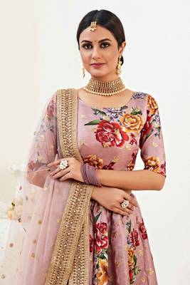Rose Gold Embroidered Banglori Satin Semi Stitched Circular Lehenga with Blouse. 2