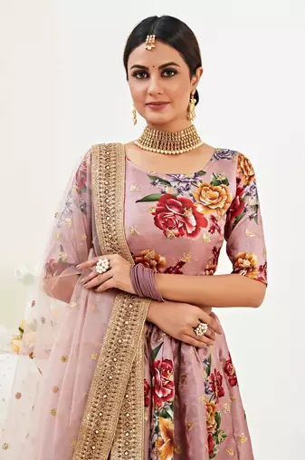 Rose Gold Embroidered Banglori Satin Semi Stitched Circular Lehenga with Blouse.