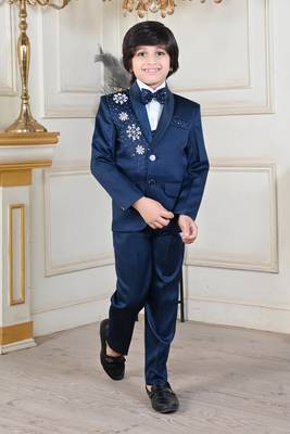 Boys 5-piece satin beadwork coat pant suit set - peacock blue 1
