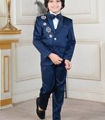 Boys 5-piece satin beadwork coat pant suit set - peacock blue