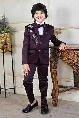 Boys 5-piece satin beadwork coat pant suit set - maroon 1