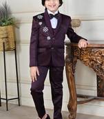 Boys 5-piece satin beadwork coat pant suit set - maroon