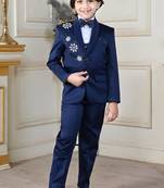Boys 5-piece satin beadwork coat pant suit set - navy blue