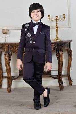 Boys 5-piece satin beadwork coat pant suit set - wine 1
