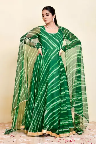 Green georgette laheriya printed long kurti with dupatta