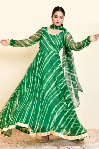 Green georgette laheriya printed long kurti with dupatta