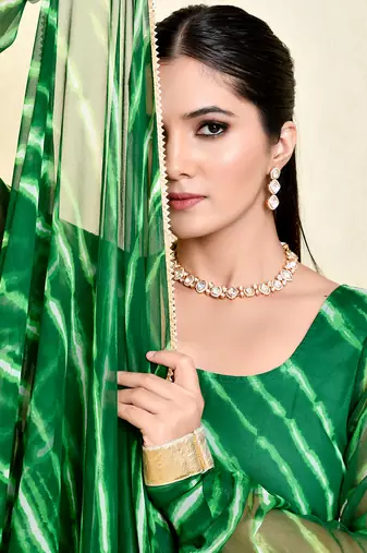 Green georgette laheriya printed long kurti with dupatta