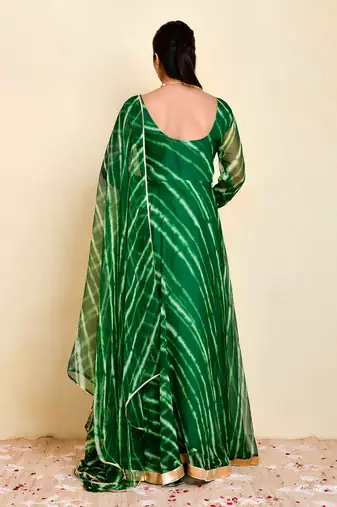 Green georgette laheriya printed long kurti with dupatta