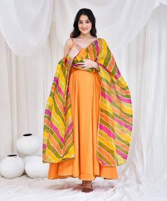 Mustard cotton silk anarkali with kota doriya dupatta. 1