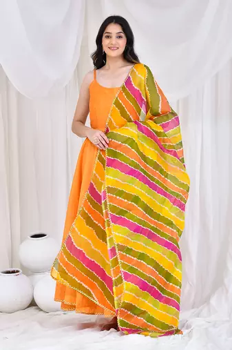 Mustard cotton silk anarkali with kota doriya dupatta.