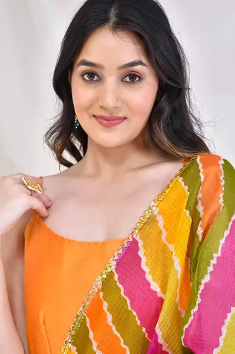 Mustard cotton silk anarkali with kota doriya dupatta.