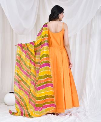 Mustard cotton silk anarkali with kota doriya dupatta. 4