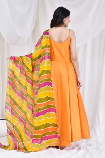Mustard cotton silk anarkali with kota doriya dupatta.