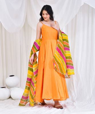 Mustard cotton silk anarkali with kota doriya dupatta. 5