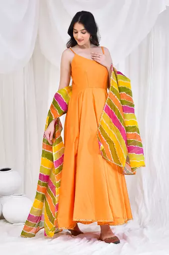Mustard cotton silk anarkali with kota doriya dupatta.